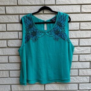 Michel Studio Turquoise Tank Top with Floral Applique Embroidery US22